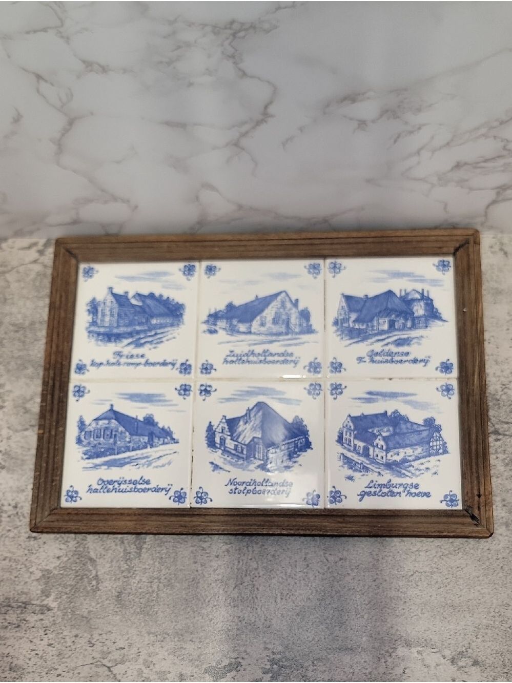 Vintage Dutch Farmouse framed tiles tray delft blue - Picture 7 of 14